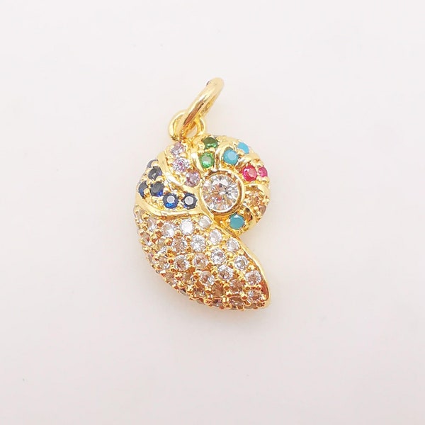 SeaShell Charms, 18K Gold Plated Mulitcolor CZ Pave Pendant, Beach Charm, Necklace Making Charms, Jewelry Findings S155