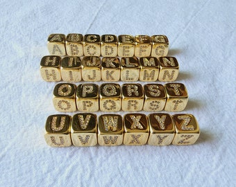 18K Shiny Gold Cube Alphabet Beads, Initial Square Beads, Micro CZ Pave, 9x9mm, Big Hole Letter Beads for Necklace Bracelet Making S909