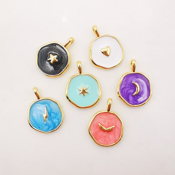 Multicolor Enamel Round Coin Charm, 18K Gold Plated Star/Heart/Moon/Wing/Light, 14mm, Necklace Bracelet Making Pendant, S910