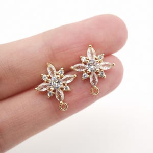 Cubic Zirconia Flower Post Earrings, Gold Plated Earring Post with Loop, Hypoallergenic, Handmade Earring Finding,DIY Earring Supplies D0260