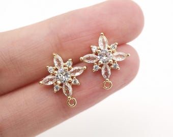 Cubic Zirconia Flower Post Earrings, Gold Plated Earring Post with Loop, Hypoallergenic, Handmade Earring Finding,DIY Earring Supplies D0260