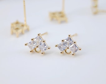 Cubic Zirconia Triangle Post Earrings, Gold Earring Post with Loop, Hypoallergenic, Earring Findings, Handmade Earring Supplies D0029