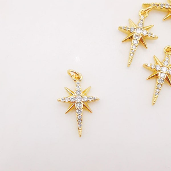 North Star Charms,  Crystal Cubic Pave Star Pendant, 18K Gold Plated, Necklace Making Star Charms, Jewelry Findings S320