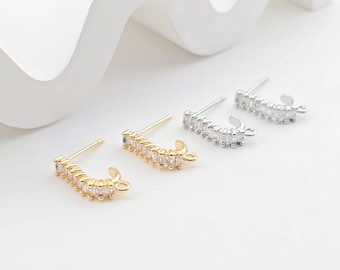 J Shape Ear Post with Loop, Nickel Free, CZ Pave, 15.2*3.7mm, Silver/18K Gold Plated Stud Earring Finding ZX303