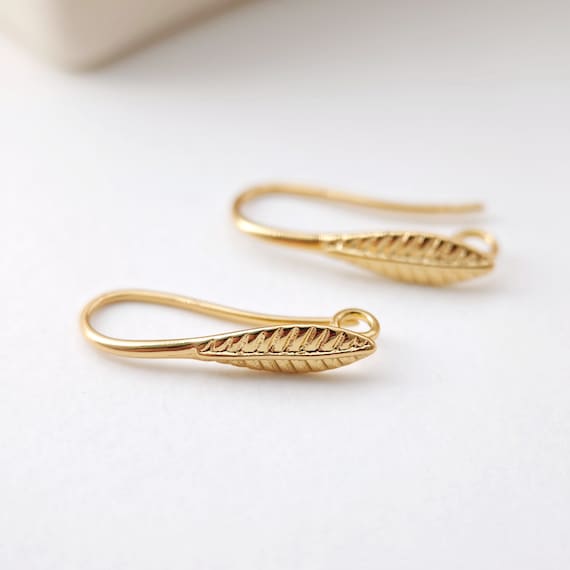 Leaf Ear Hooks, 18K Gold Earring Earring Findings With Loop, Fish