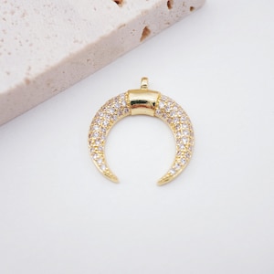 Cubic OX Horn Charm, 18K Gold Plated Crescent Moon Pendant, Micro CZ Pave Charm, 20x21mm, Jewelry Findings S109