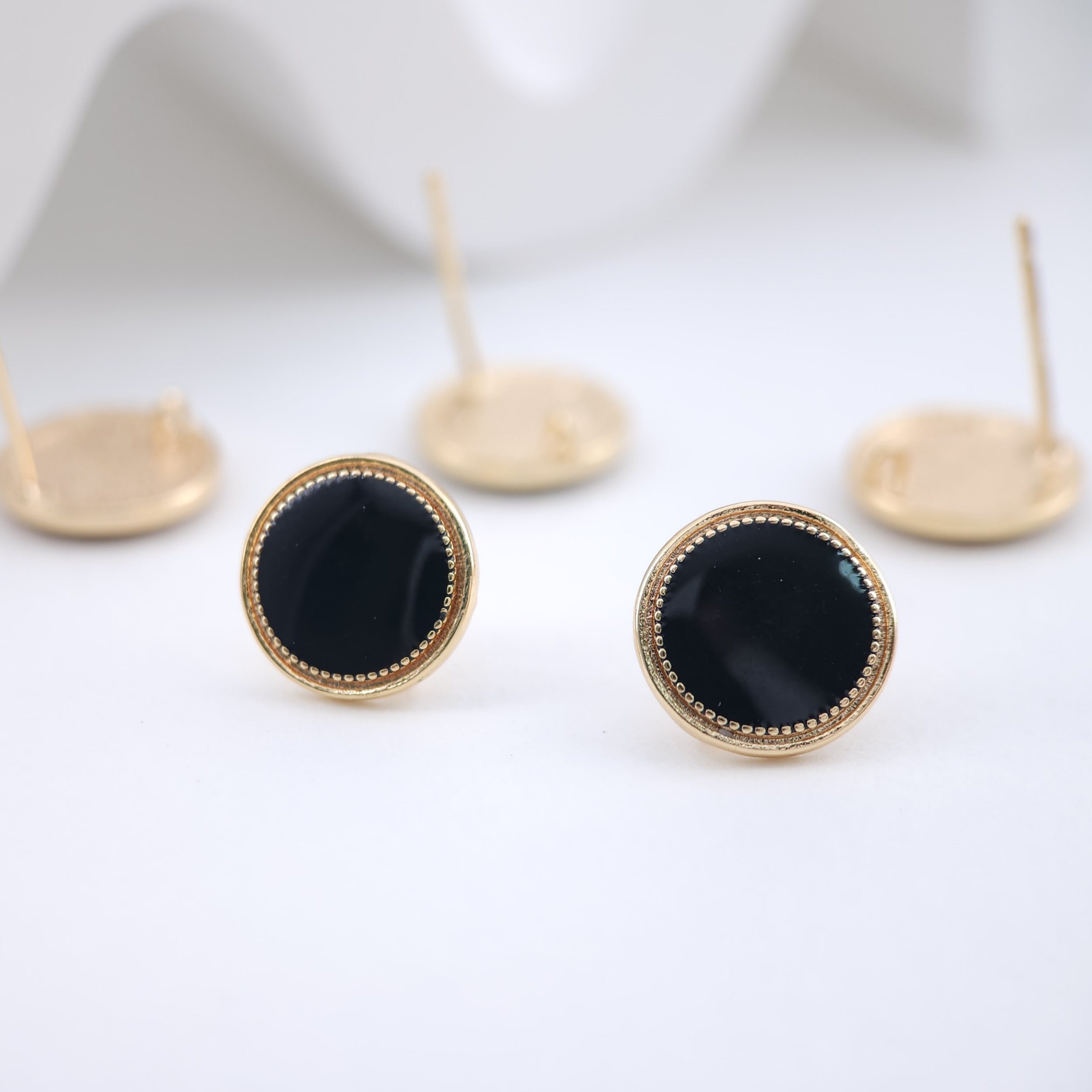 Black Enamel Earring Posts, Round Post Earrings With Loop Black Enamel Earring Posts, Round Post Earrings With Loop