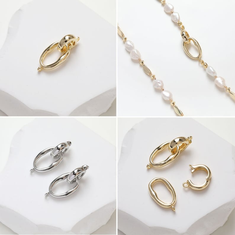 May include: Two gold and two silver oval-shaped connector clasps for jewelry making. The clasps have a unique twisted design and are perfect for adding a touch of elegance to necklaces, bracelets, or anklets.