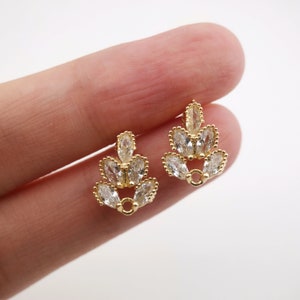 Cubic Zirconia Flower Post Earrings, Gold Plated Earring Post with Loop, Hypoallergenic, Handmade Earring Finding,DIY Earring Supplies D0032