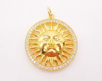 Sun Charm, Sunny Face Round Pendentif, 18K Gold Plaqué Micro CZ Pave, 20mm, Collier Making Charm, Bijoux Trouvés S115