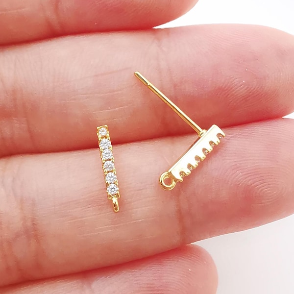 10PCS Rectangle Ear Post with Loops, Nickel Free, Micro CZ Pave, 11x2mm, 18K Gold Plated Stud Earring Finding S271