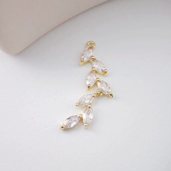 CZ Pave Leaves Charm, Cubic Zircon Crystal Leaf Pendant, Bracelet Necklace Pendant, Gold Plated Charm, Jewelry Findings L004