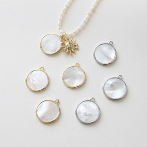 Dainty Round Charm, Mother of Pearl Charm, 18mm, 14K Gold/Silver Plated Round Charm for Jewelry Making GZ339