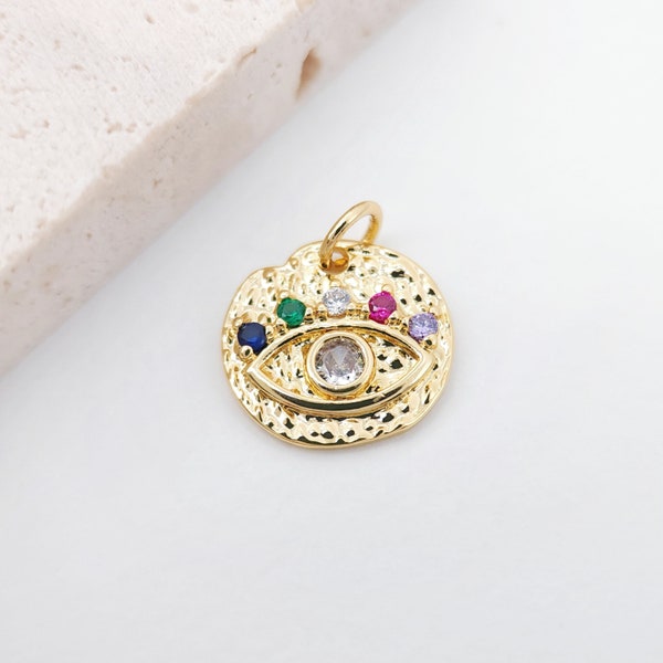 Colorful Cubic Evil Eye Charm, 18K Gold Plated Micro CZ Pave Round Pendant, 14mm, Necklace Making Charm, Jewelry Findings S130