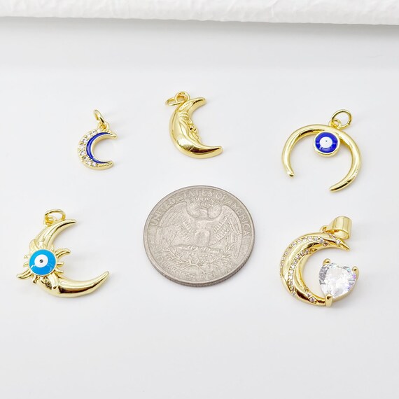 Cubic Crescent Moon Charm, 18K Gold Plated Moon Pendant, Micro CZ