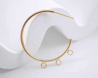 C Shape Earrings Post with 3 loops, 18K Gold,  Pin, Nickel Free Hoops, Ear Stud Hypoallergenic Earring Findings ZX244
