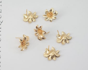 4PCS Flower Earring Post, 18K Real Gold Plated Brass Stud Earring With Loop, Nickel Free, Earring Finding ZX005