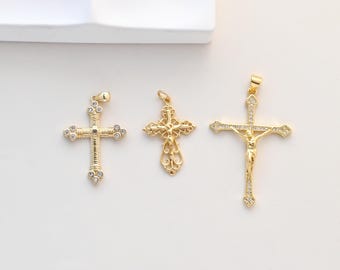 Cross Charms, CZ Pave Cross Pendant, Religious Pendant, 18K Gold Plated Brass, Necklace Making Charms, Jewelry Findings S1335
