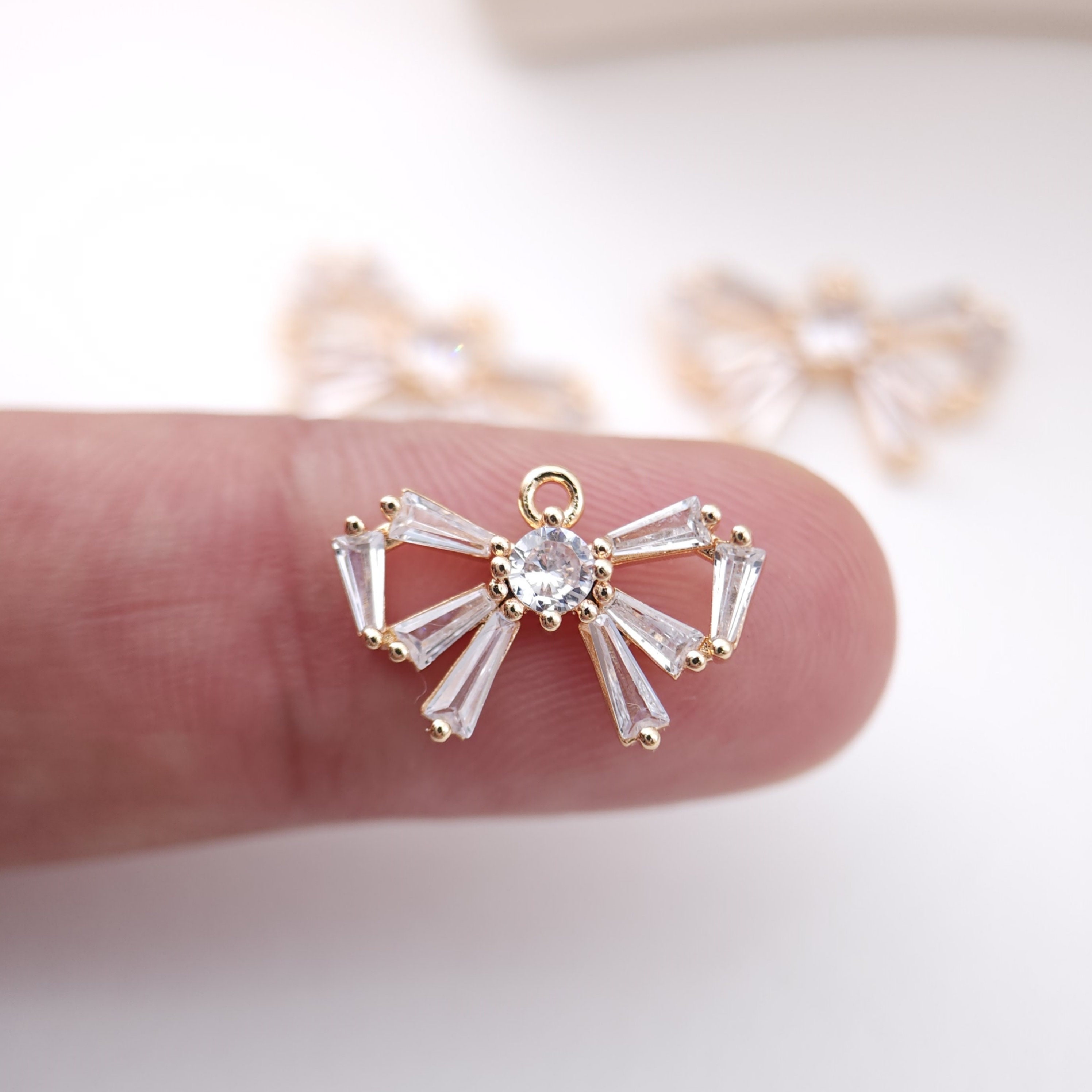 Cubic Bow Charm, 14K Gold Plated Bow Tile Pendant, Clear