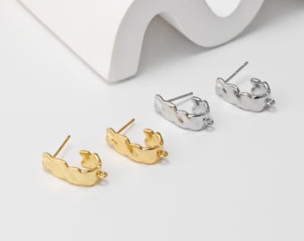 Pleated U Shape Earrings Post With Loop, 18K Gold Plated, Nickel Free, Ear Stud Hypoallergenic Earring Findings D0458