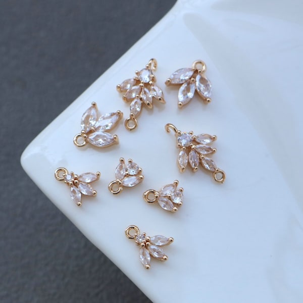 Tiny Leaf Connector, Cubic Zircon Crystal Leaf Pendant, CZ Earring Charms,  Gold Plated Brass Earring Charms, Jewelry Findings HL011-F194