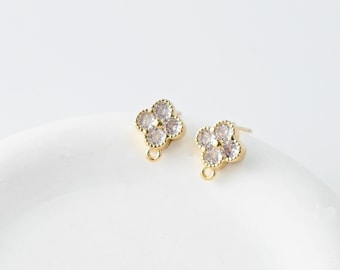 Cubic Zirconia Flower Post Earrings, Gold Plated Earring Post with Loop, Hypoallergenic, Handmade Earring Finding,DIY Earring Supplies D0465