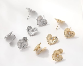 14K vergulde oorbellen met gegolfd hartje en zirkonia, hartvormige oorstekers, clipoorbel en hangerbasis, benodigdheden voor het maken van sieraden (GZ974)