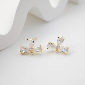 Cubic Zirconia Flower Post Earrings, Gold Plated Earring Post with Loop, Hypoallergenic, Handmade Earring Finding,DIY Earring Supplies D0241