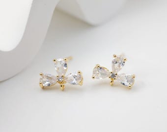 Cubic Zirconia Flower Post Earrings, Gold Plated Earring Post with Loop, Hypoallergenic, Handmade Earring Finding,DIY Earring Supplies D0241