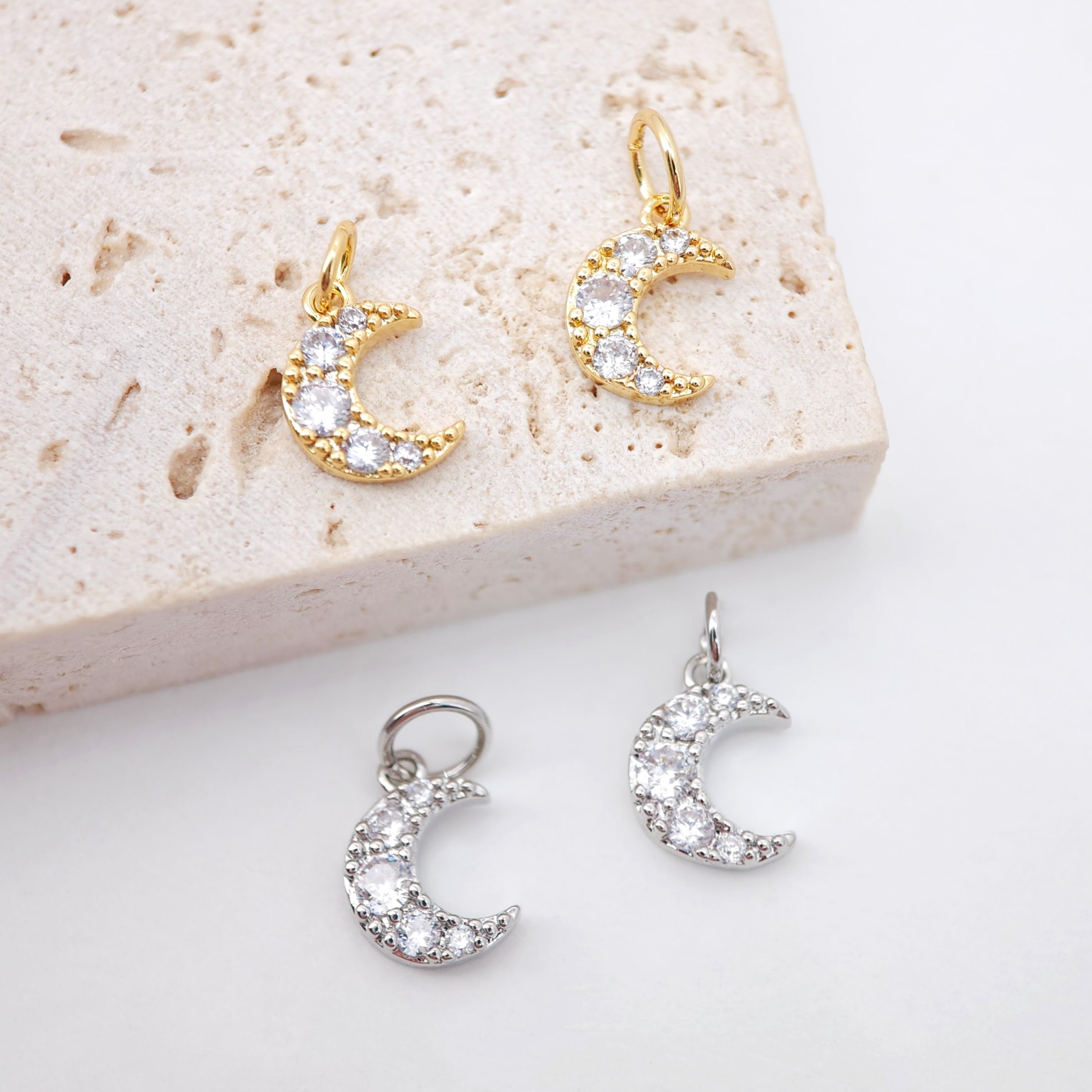 Tiny Cubic Crescent Moon Charm, 18K Gold Plated Moon Pendant