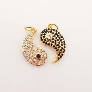 Yin Yang Charms, Cubic Pave Pendant, 18K Gold Plated Charms for Couple, 16x10mm, Necklace Charms, Jewelry Findings S1082