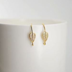 18K Gold Plated Ear Wires, Learf Cubic Pave Earring Hooks, Nickel Free, Fish Hooks, Ear Wires for Jewelry Making D0132