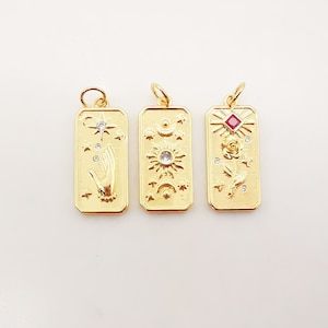 Breloques en or pour cartes de tarot, pendentif main pavée CZ/soleil/rose, amulette plaquée or 18 carats, breloques pour fabrication de colliers, accessoires de bijoux S1094
