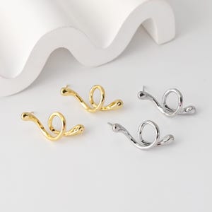 以下が含まれることがあります： ゴールドとシルバーのスタッドピアス。ユニークで抽象的なデザインで、曲線的で流れるような形状をしています。ゴールドのピアスは研磨仕上げ、シルバーのピアスはメタリックな輝きがあります。白い表面に展示されています。