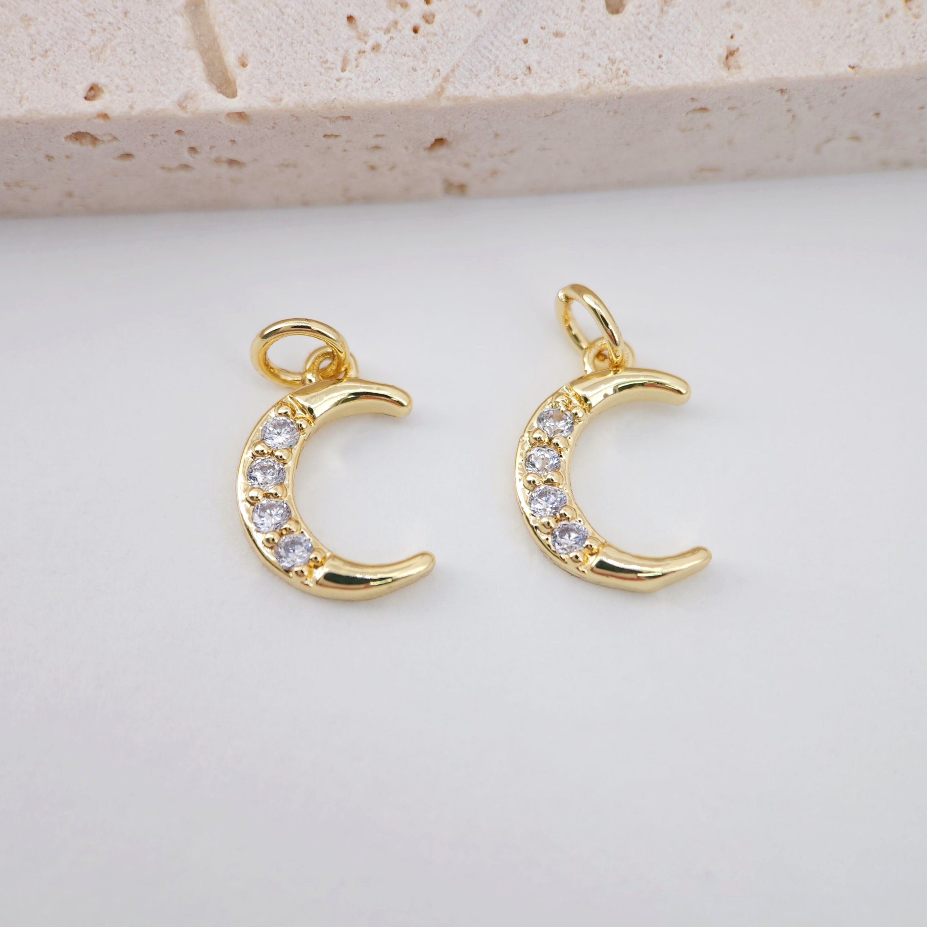 Cubic Crescent Moon Charm, 18K Gold Plated Moon Pendant, Clear