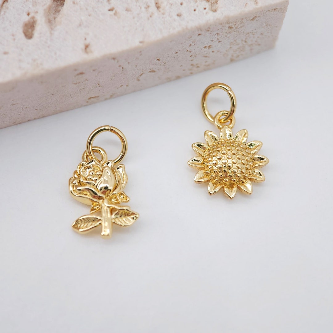 Gold Rose Flower Charm With Loops, Sunflower Charm Pendant for Bracelet ...