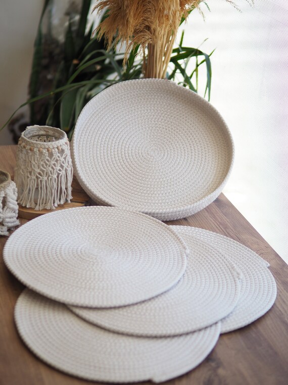 4 Tovagliette Rotonde In Cotone Intrecciato, Lavabili In Lavatrice, Sottopentola Termici, 33 Cm, Stile Boho Per Cucina