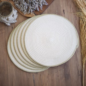 Handmade Braided Cotton Rope Placemats: Ecru & Gold Dining Table Decor (Set of 2)
