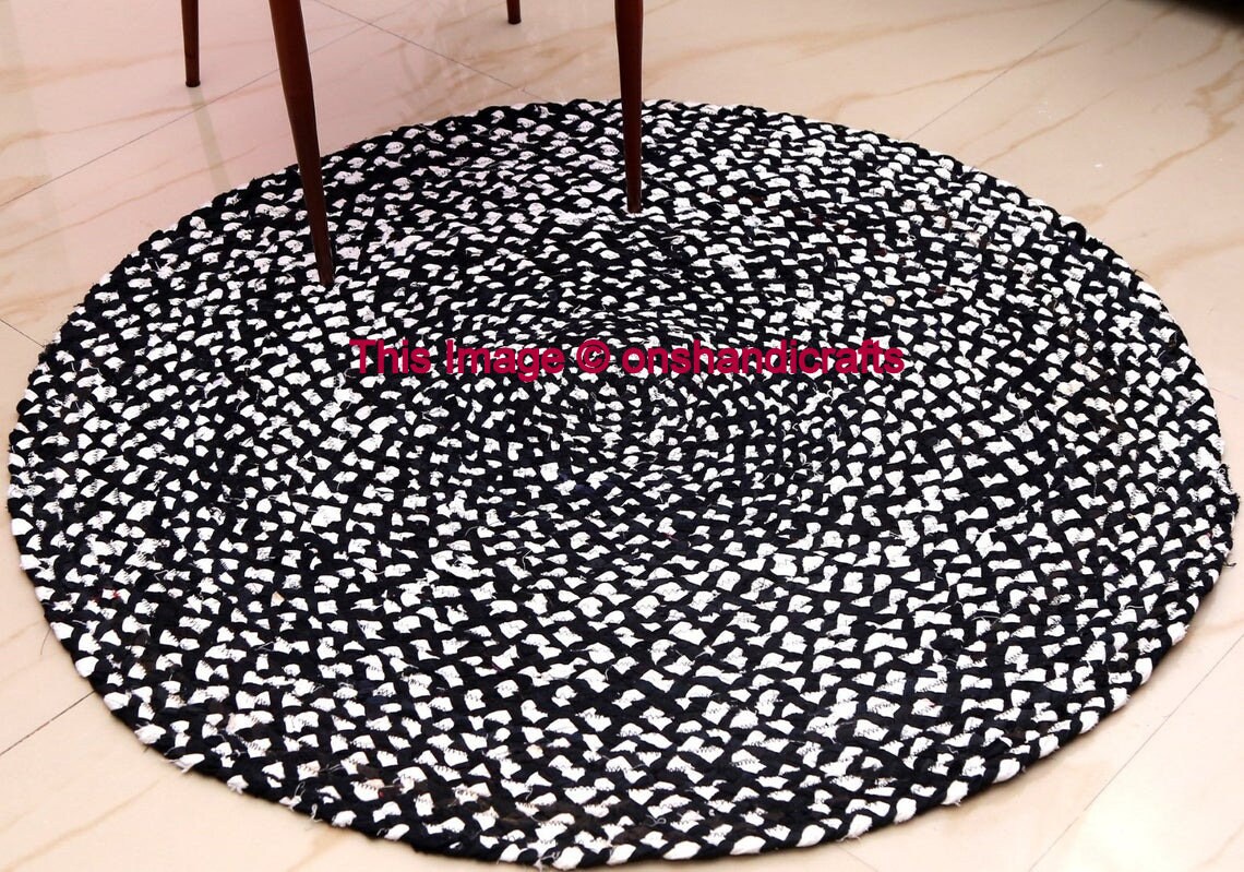 Bohemian Black And White Mix Cotton Round Outdoor Area Rag Rug Etsy