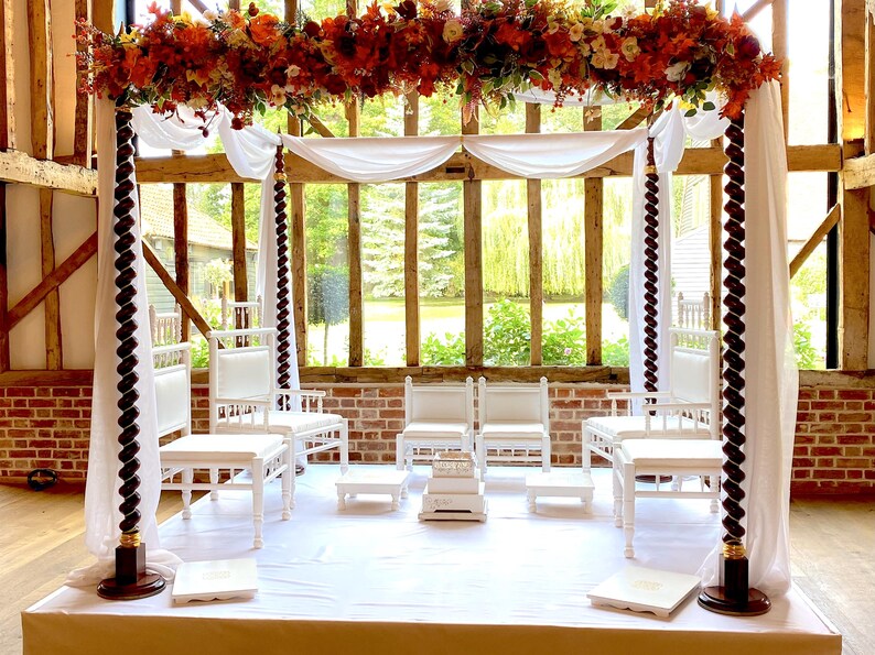 Rustic Wedding Mandap With Dark Wood Columns & White Drapes - Indian ...