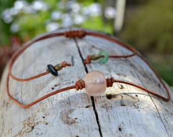 Leather cord necklace with African trade beads, adjustable choker with sliding clasp, bohemian jewelry in Ibiza style, friendship gift