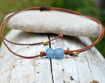Sky blue necklace, sea glass choker with African trade beads, simple leather necklace, surf jewelry, adjustable necklace, teen boy gift