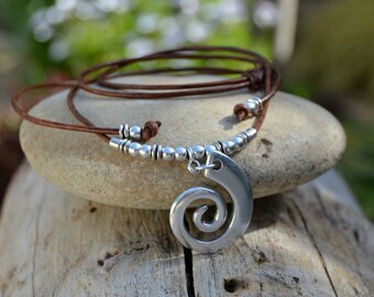 Spiral pendant necklace, celtic jewelry, Ethnic necklace men, adjustable leather choker, surf leather necklace, Rebirth Spiral Necklace