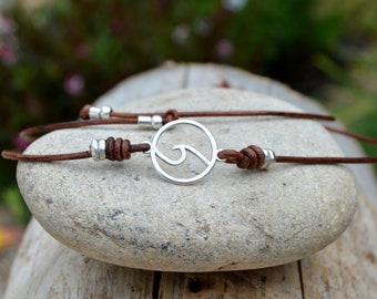 Wave necklace silver, surfer necklace, ocean jewelry for women, leather choker, boho jewelry, adjustable necklace, everyday necklace
