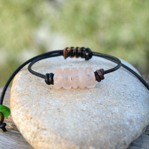 Pink glass bead bracelet, recycled glass jewelry, Surfer bracelet, simple leather bracelet, gift under 20, teenage boy gifts, rustic jewelry