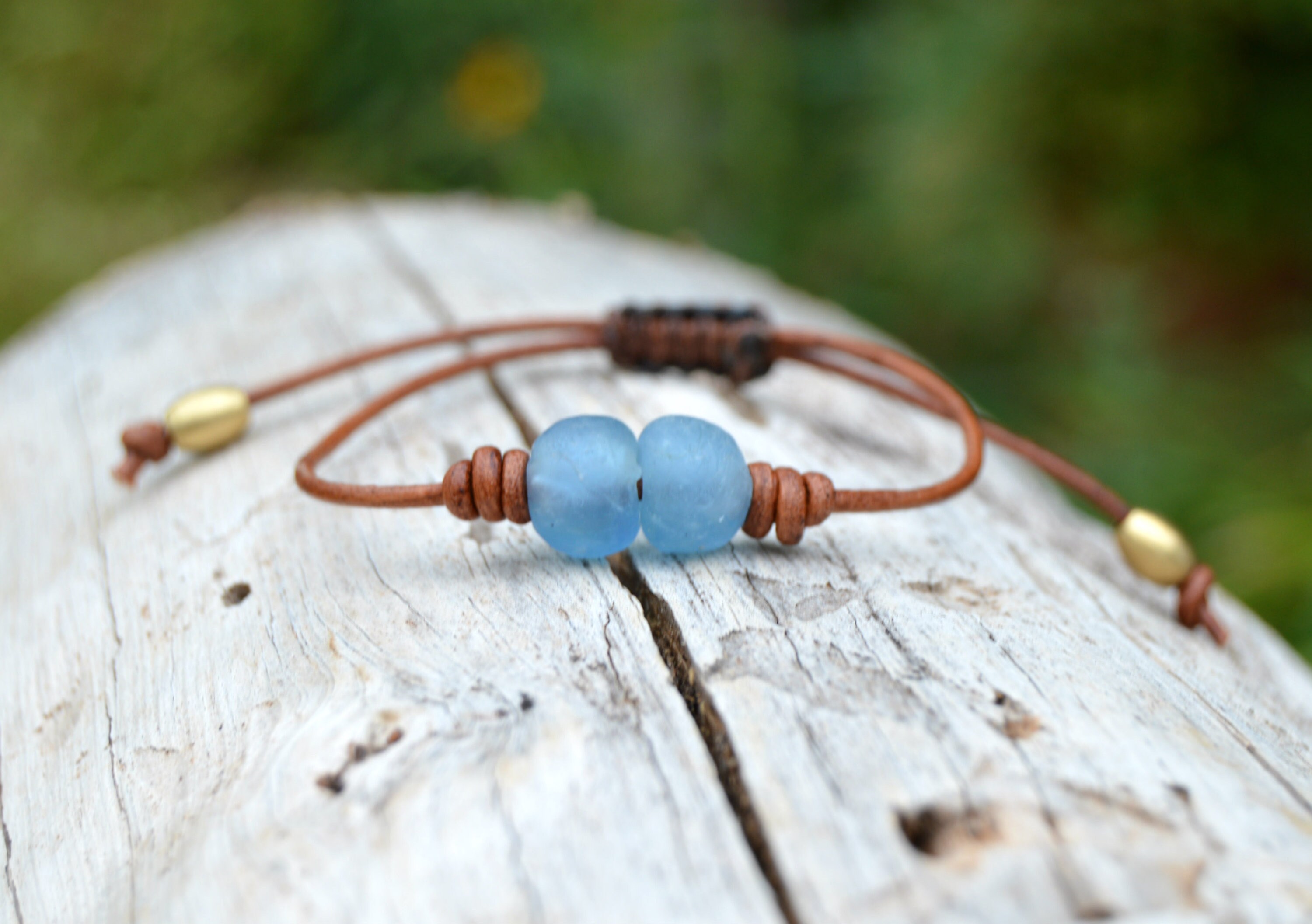 Sky blue bracelet, sea glass bracelet with African trade beads, simple leather bracelet, surf jewelry, adjustable bracelet, teen boy gift