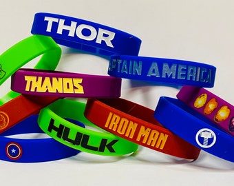10 AVENGERS BRACELETS Birthday Party Wristbands Iron Man Hulk Thor Captain America Thanos