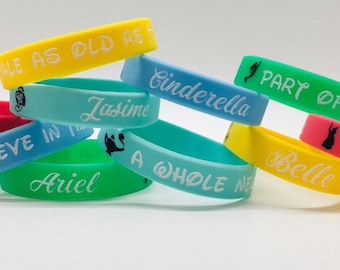 10 Princess BRACELETS Birthday Party Wristbands Ariel Jasmine Belle Cinderella