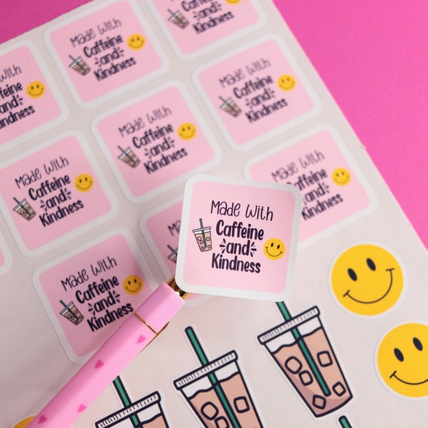 Made With Caffeine and Kindness Stickers | | Smiley Face Stickers For Small Business Packages | Coffee Stickers | Cute Packaging Stickers