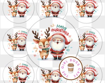 May include: Circular Christmas-themed stickers featuring Santa Claus and a reindeer, with the text "Merry Christmas." The illustrations are in a watercolor style, with a soft color palette of red, brown, and blue. The stickers are arranged on a checkered background.